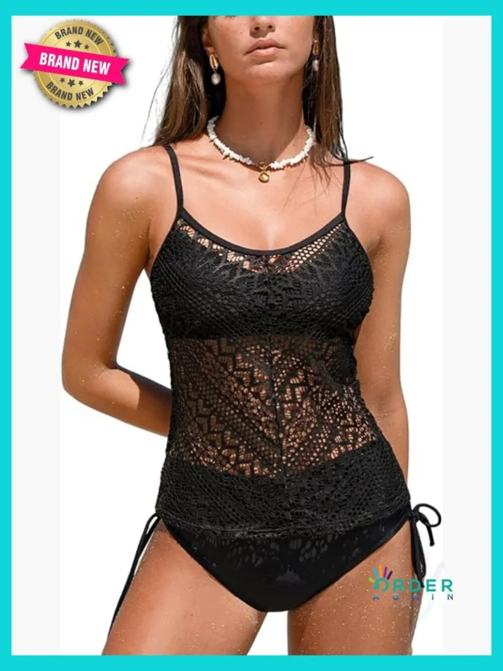 Tankini Set V Neck Mesh Two Piece Adjustable Straps Side Tie